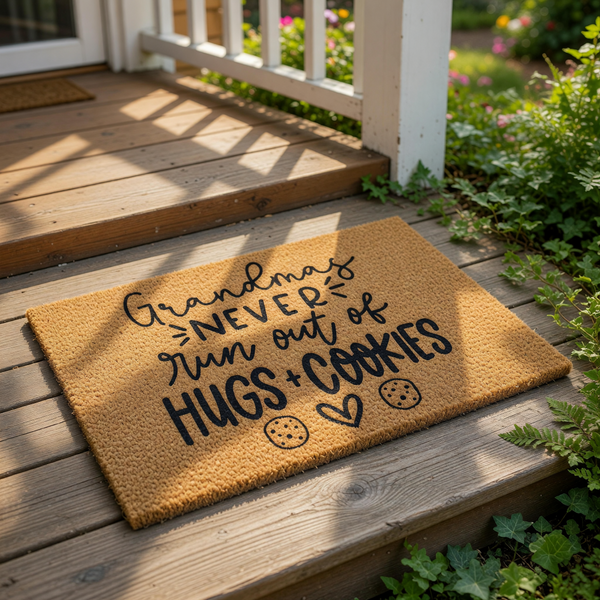 Grandmas never run out of hugs and cookies coir doormat, a natural fiber welcome mat for the front porch featuring black text and cute cookie icons, perfect for a cozy home entrance or a thoughtful housewarming present for