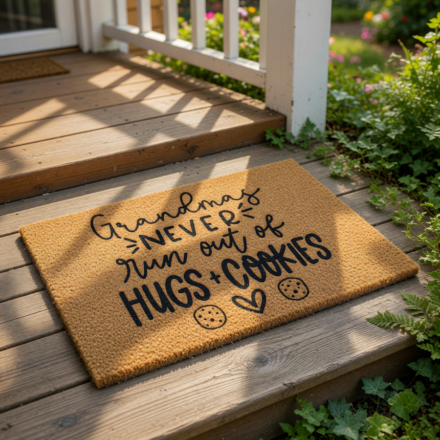 Grandmas never run out of hugs and cookies coir doormat, a natural fiber welcome mat for the front porch featuring black text and cute cookie icons, perfect for a cozy home entrance or a thoughtful housewarming present for