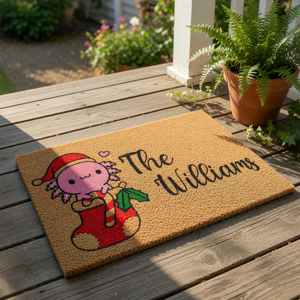 Personalized Axolotl Christmas Doormat featuring a cute pink axolotl in a Santa hat inside a stocking, this custom family name welcome mat is a festive holiday floor rug for your front porch decor and home entrance entryway.