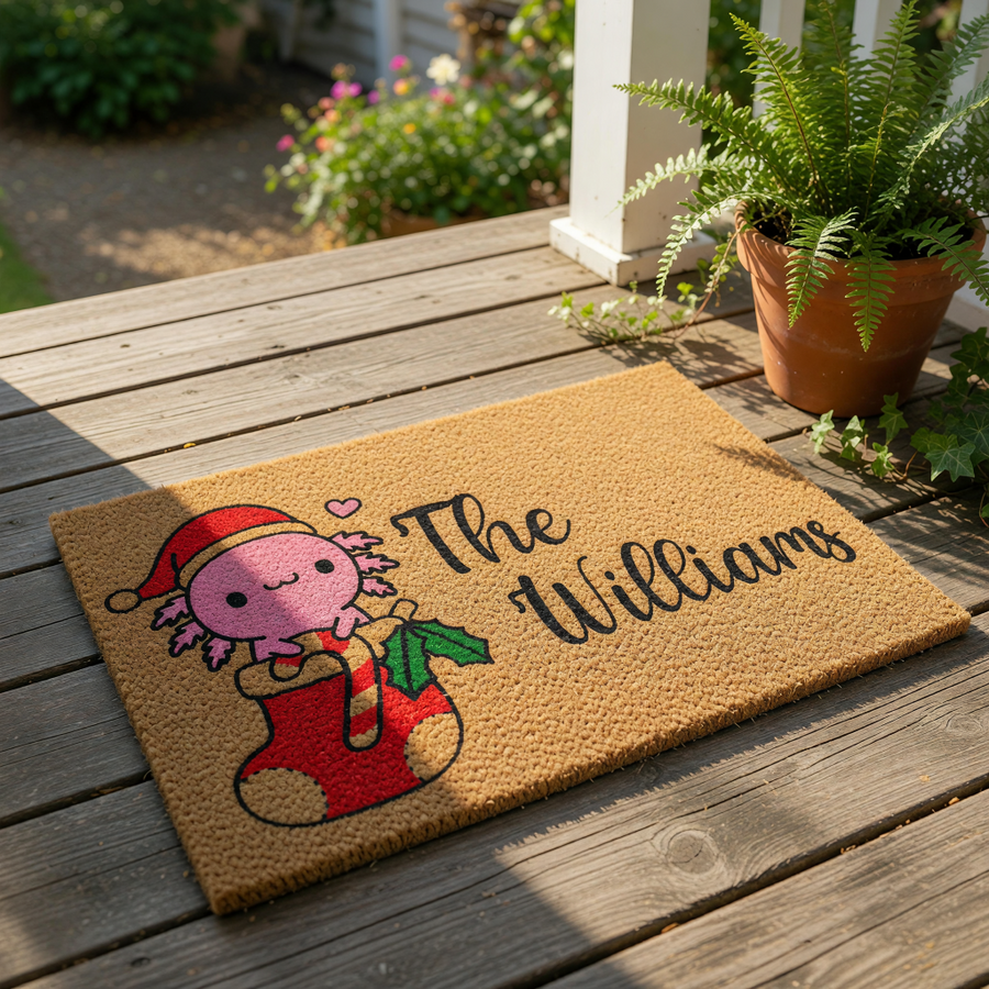 Personalized Axolotl Christmas Doormat featuring a cute pink axolotl in a Santa hat inside a stocking, this custom family name welcome mat is a festive holiday floor rug for your front porch decor and home entrance entryway.
