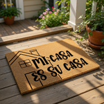 Mi Casa Es Su Casa coir doormat featuring a minimalist house line art design, this natural fiber welcome mat is a durable front porch rug that adds a warm, inviting touch to your home entryway decor for guests and family members.