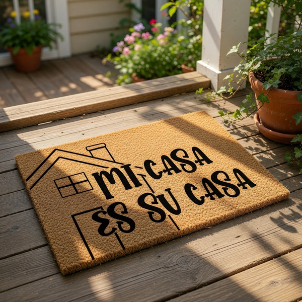 Mi Casa Es Su Casa coir doormat featuring a minimalist house line art design, this natural fiber welcome mat is a durable front porch rug that adds a warm, inviting touch to your home entryway decor for guests and family members.