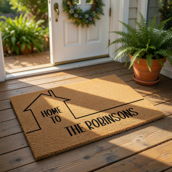 Personalized family name doormat featuring a house outline design on natural coir fiber, this custom welcome mat makes a stylish front porch decor piece for any new home or housewarming celebration for a family.