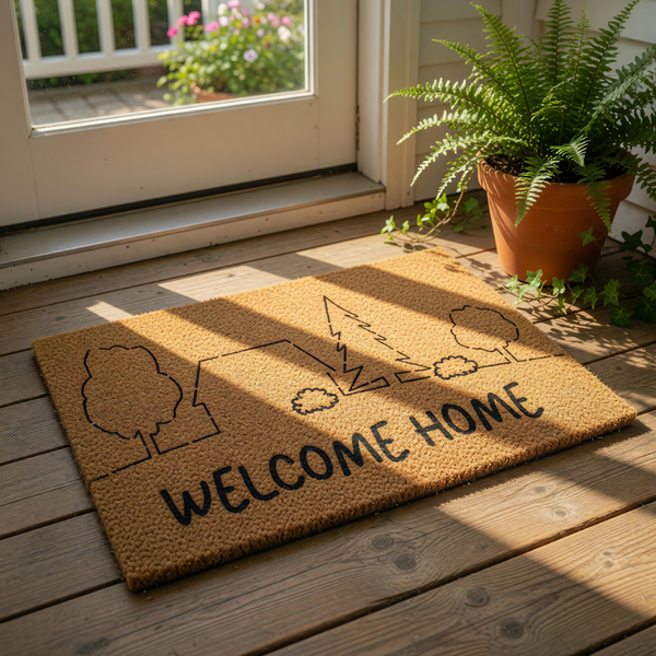 Welcome Home coir doormat featuring a minimalist line art design of a house, trees, and pine forest, perfect for a front porch entry, housewarming decor, or a natural fiber outdoor welcome mat for your new home entrance.