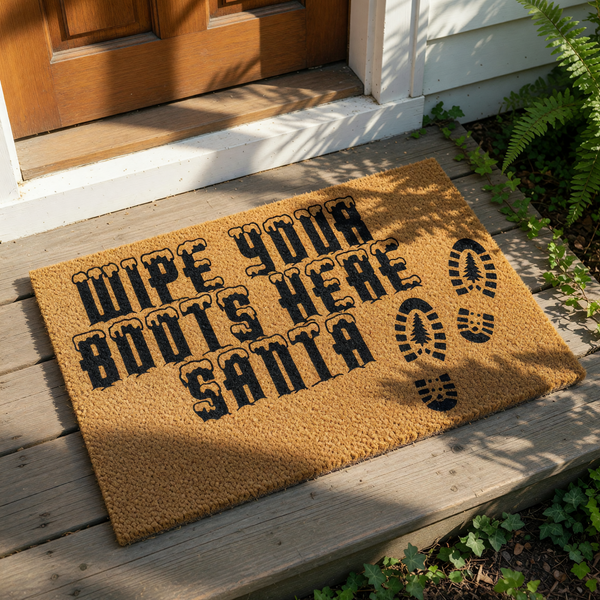 Christmas doormat with Wipe Your Boots Here Santa text and boot prints on a natural coir fiber welcome mat, perfect for holiday porch decor and festive entryway floor mats to keep your home clean during the winter season.