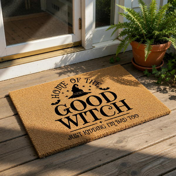 Funny Halloween doormat featuring a witch hat graphic and text reading Home of the Good Witch Just Kidding Im Bad Too, this natural coir fiber welcome mat is a perfect spooky front porch decor piece for your home entry or