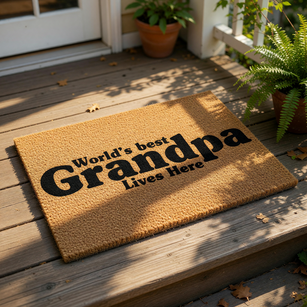 World's Best Grandpa Lives Here coir doormat, a natural fiber welcome mat for the front porch featuring bold black text, making a fun housewarming or birthday present for a grandfather who loves his home and family decor.