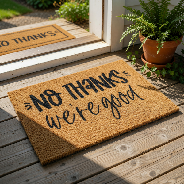 No Thanks We Are Good doormat featuring funny typography on a natural coir fiber welcome mat, perfect for a front porch entry or housewarming decor that keeps solicitors away with a blunt and humorous message for your home