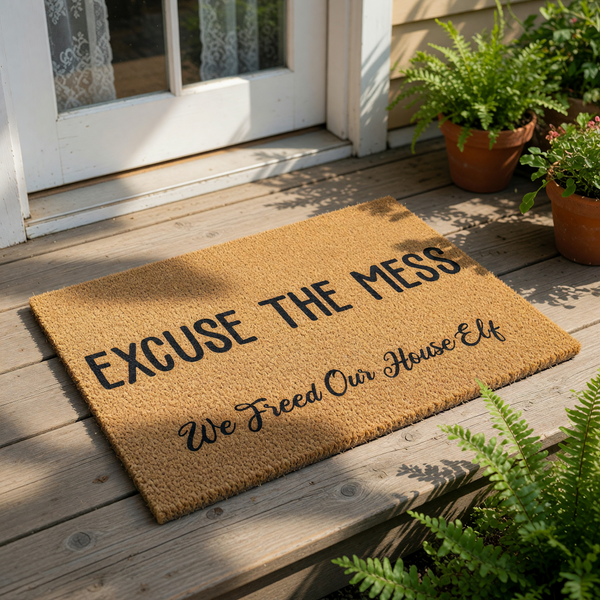 Funny Excuse The Mess We Freed Our House Elf doormat made of natural coir fiber, this humorous welcome mat features bold black text and is a perfect front porch decor piece for fans of fantasy stories and magical home accessories.