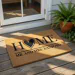 Personalized couple doormat featuring the word HOME with a heart icon and custom family name text, this durable coir welcome mat is a stylish housewarming decor piece for a front porch or entryway for a newlywed couple or new