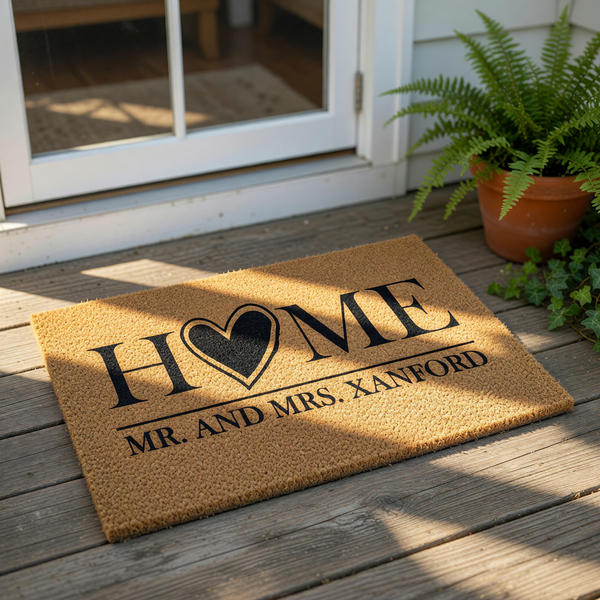 Personalized couple doormat featuring the word HOME with a heart icon and custom family name text, this durable coir welcome mat is a stylish housewarming decor piece for a front porch or entryway for a newlywed couple or new