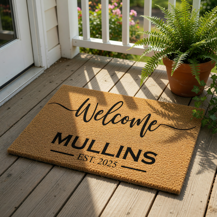 Personalized family name welcome doormat featuring a natural coir fiber texture, custom text for a housewarming entry, and a durable outdoor floor mat design that makes a stylish front porch decor piece for any new home entrance.