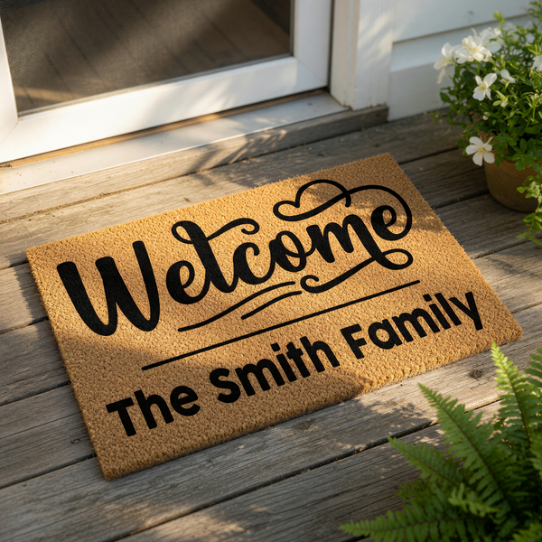Personalized family name welcome doormat featuring a natural coir fiber texture and bold black script lettering, this custom front porch rug makes a durable outdoor floor mat for housewarming or new home entryway decor.