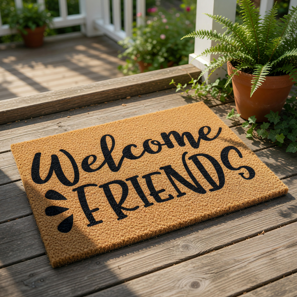 Welcome Friends coir doormat with black script lettering on a natural fiber rug, this outdoor welcome mat is a durable front porch floor covering that adds a friendly touch to your home entryway decor and housewarming entrance