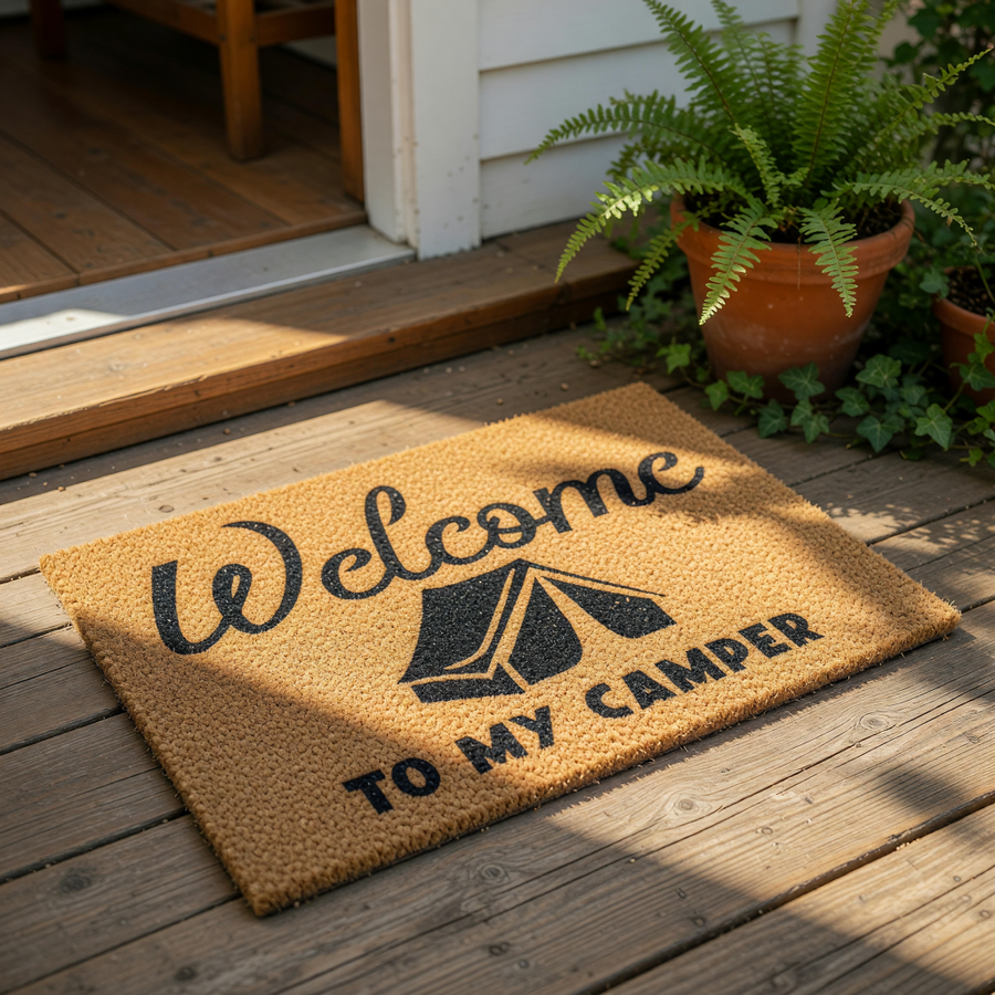 Welcome to My Camper doormat featuring a black tent graphic on natural coir fiber, this outdoor camping welcome mat is a fun entrance rug for RVs, travel trailers, and outdoor enthusiasts looking for durable porch decor for their