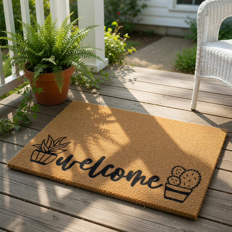 Cactus welcome doormat featuring a natural coir fiber texture with black printed text and potted succulent illustrations, making this a stylish outdoor entry rug for a front porch or home entryway decor with a desert plant theme.