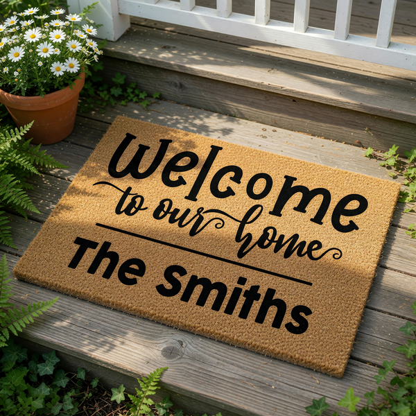 Personalized family name welcome doormat made of natural coir fiber, featuring the text Welcome to our home in black script and block lettering, perfect for a custom front porch entry rug or housewarming decor for a new home.