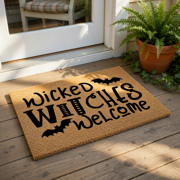 Wicked Witches Welcome coir doormat featuring black bat silhouettes and spooky typography on a natural fiber rug, perfect for a fun Halloween front porch decor or a seasonal entryway welcome mat for your home during the fall