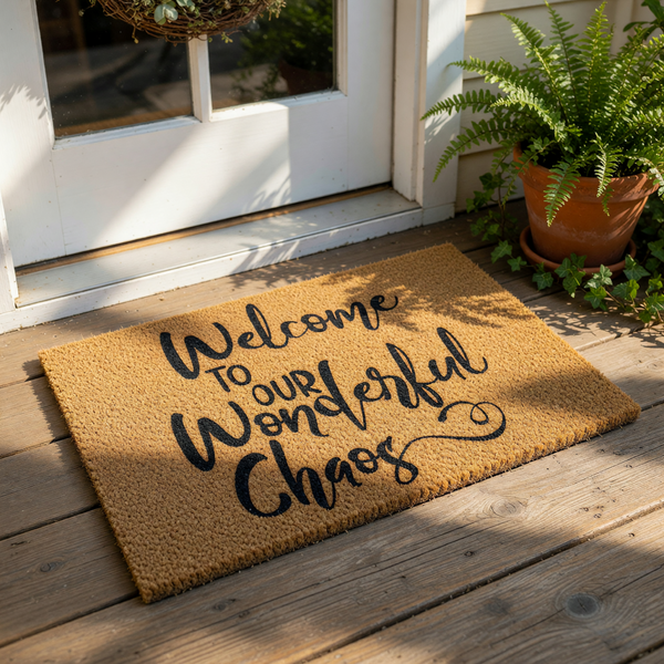 Welcome to our wonderful chaos doormat, a funny coir welcome mat for front porch decor featuring bold black script lettering on a natural fiber rug that makes a humorous housewarming gift for any busy family home entrance.