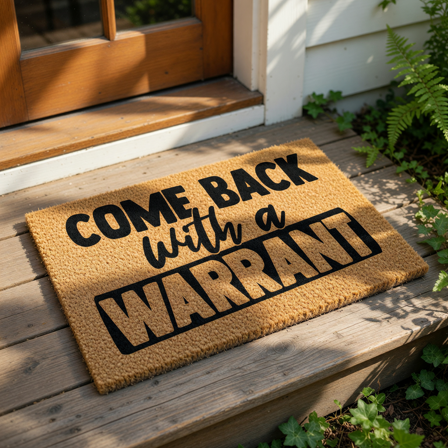 Funny Come Back With A Warrant doormat featuring bold black text on a natural coir fiber welcome mat, perfect for a humorous front porch entry, housewarming gift, or a sarcastic home decor statement for your front door entrance.
