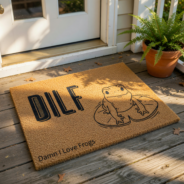 Funny frog doormat featuring a cute line art frog on a lily pad with the text DILF and Damn I Love Frogs printed on a natural coir fiber welcome mat, perfect for a humorous front porch decor or a unique housewarming entrance rug.