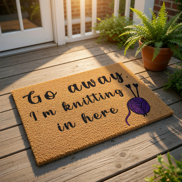 Knitting lover doormat with funny Go away I am knitting in here text, featuring a purple yarn ball and needles graphic on a natural coir welcome mat, perfect for a crafter home entrance or a unique front porch decor floor rug.