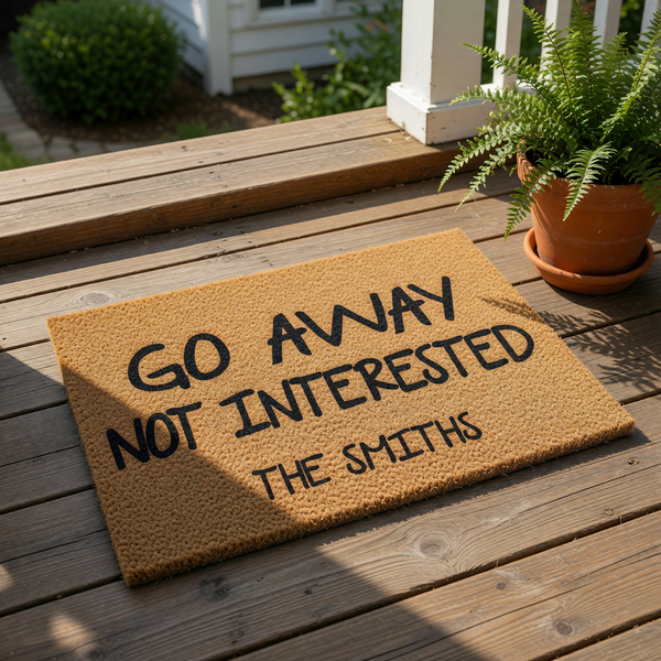 Personalized funny doormat with Go Away Not Interested text and custom family name, this natural coir fiber welcome mat is a humorous front porch decor piece for your home entrance, featuring durable outdoor rug material for