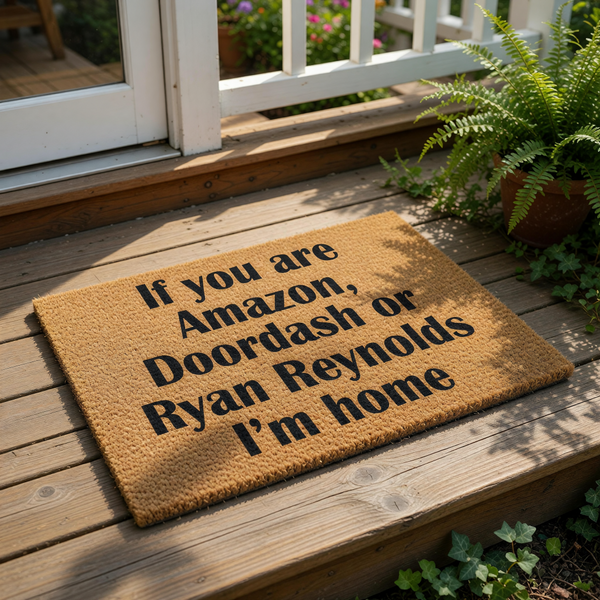 Funny doormat with bold black text on a natural coir fiber background, featuring a humorous welcome message for delivery drivers and a famous actor, perfect as a front porch decor piece or a unique housewarming gift for your home