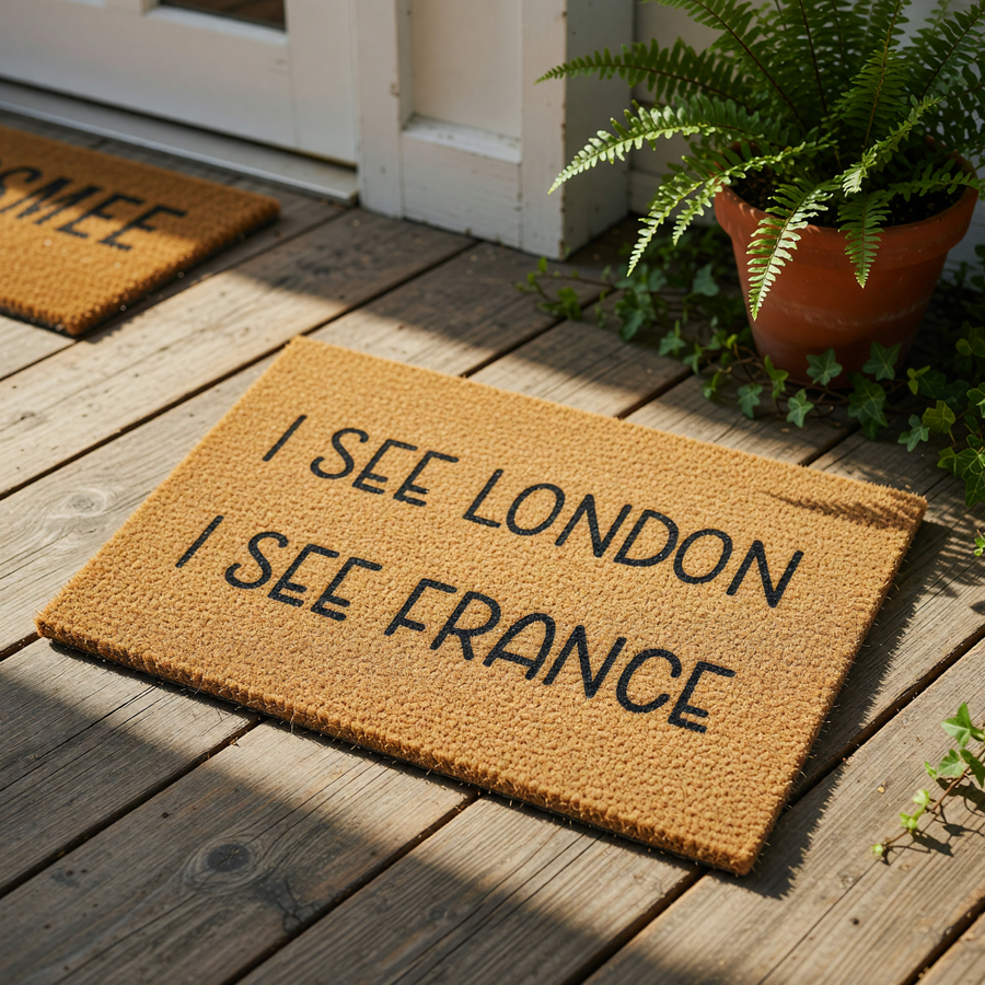 Funny doormat with the phrase I See London I See France printed in black text on a natural coir fiber welcome mat, perfect for a humorous front porch entrance or a quirky housewarming gift for a new home or apartment entryway.