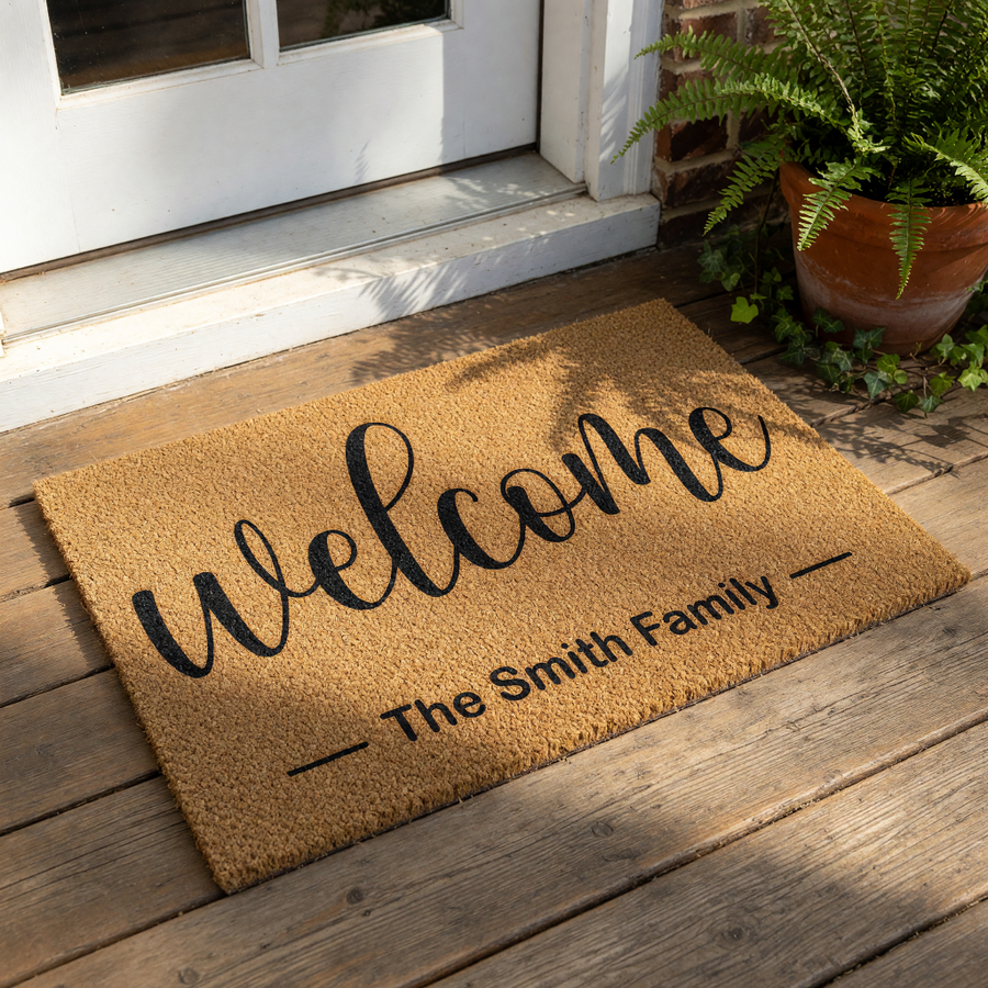 Personalized family name welcome doormat featuring a natural coir fiber texture with elegant black script text, this custom outdoor entrance mat is a durable housewarming decor piece for your front porch or entryway floor.