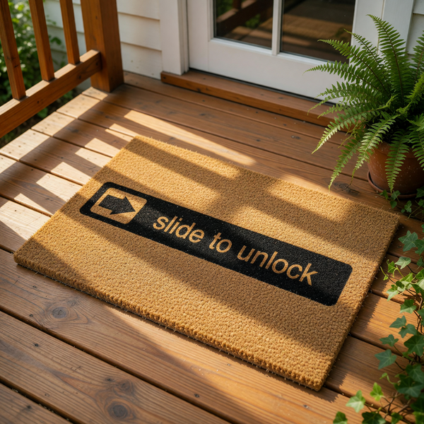 Slide to unlock doormat featuring a funny tech-inspired design on a natural coir fiber welcome mat, perfect for a modern front porch entry, housewarming, or a unique home decor gift for tech lovers and gamers who enjoy humor.
