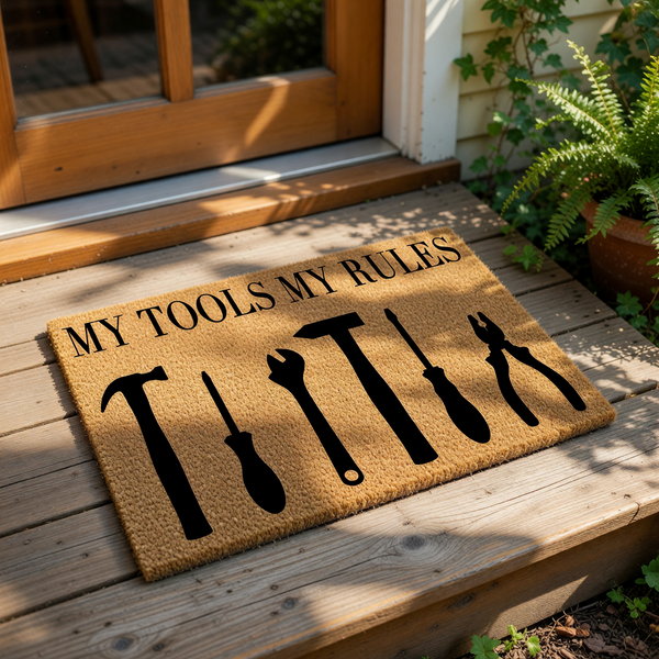 My Tools My Rules doormat featuring a natural coir fiber texture with black printed silhouettes of a hammer, screwdriver, wrench, and pliers, making this a funny garage or workshop welcome mat for any handyman or tool enthusiast.