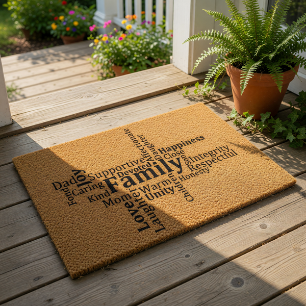 Family word art coir doormat featuring Mom and Dad text, this natural fiber welcome mat displays positive family values in a modern typography design for a front porch entrance or housewarming decor for a loving home.