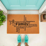Family word art doormat featuring positive traits like Mom, Dad, and Love printed on a natural coir welcome mat, placed at a front door entrance for a housewarming or home decor update that adds a warm and inviting touch to any