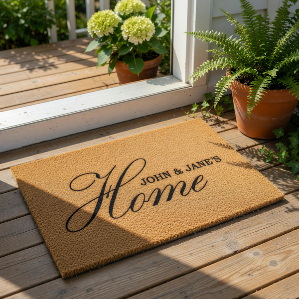 Personalized coir doormat featuring the word Home in elegant script with custom family name text, this durable natural fiber welcome mat is a stylish housewarming decor piece for your front porch or entryway floor.