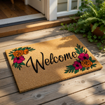 Floral Welcome Doormat featuring a natural coir fiber texture with vibrant orange and deep red flower illustrations, serving as a stylish outdoor welcome mat for your front porch entry or home decor entryway floor.