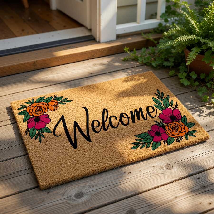 Floral Welcome Doormat featuring a natural coir fiber texture with vibrant orange and deep red flower illustrations, serving as a stylish outdoor welcome mat for your front porch entry or home decor entryway floor.