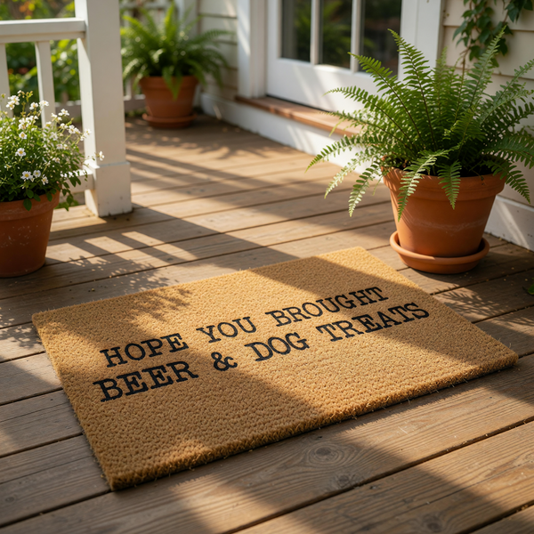 Funny dog lover doormat with the text Hope You Brought Beer and Dog Treats printed in black on a natural coir fiber welcome mat, perfect for a front porch entry or as a humorous housewarming gift for pet owners and beer