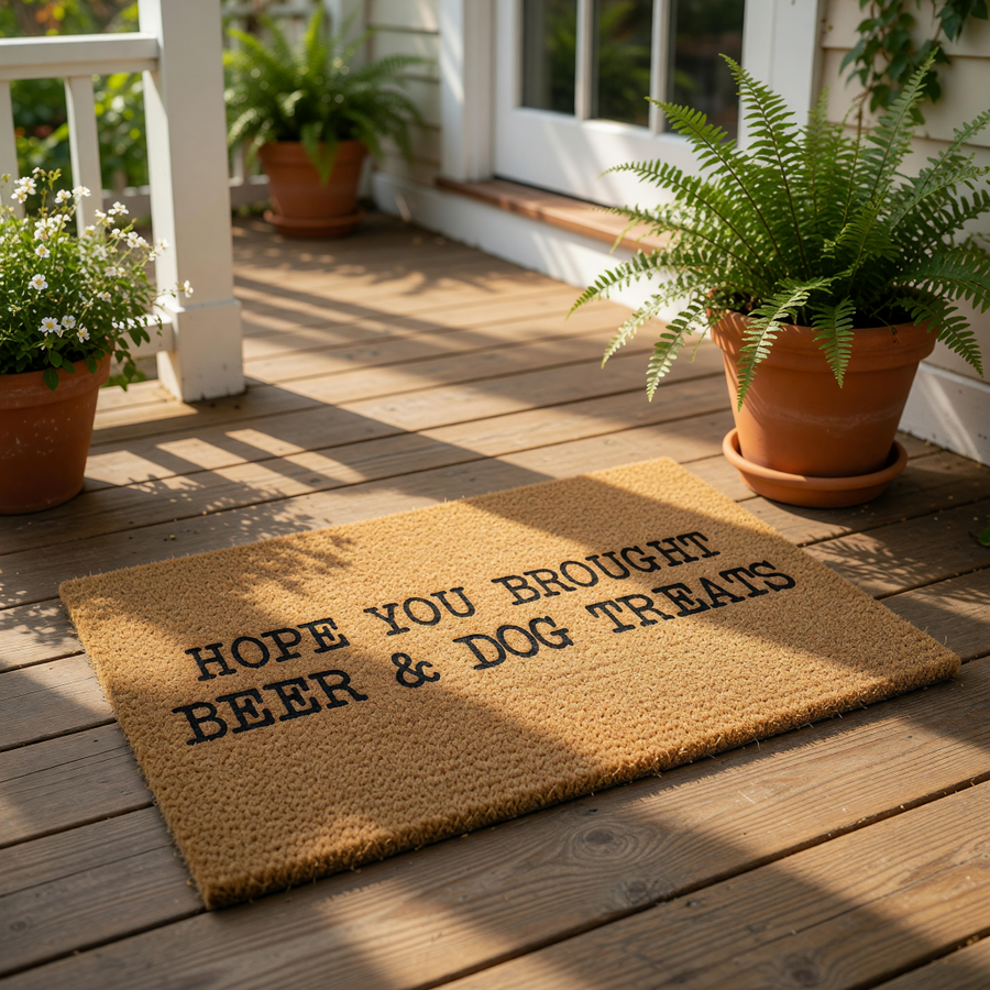 Funny dog lover doormat with the text Hope You Brought Beer and Dog Treats printed in black on a natural coir fiber welcome mat, perfect for a front porch entry or as a humorous housewarming gift for pet owners and beer