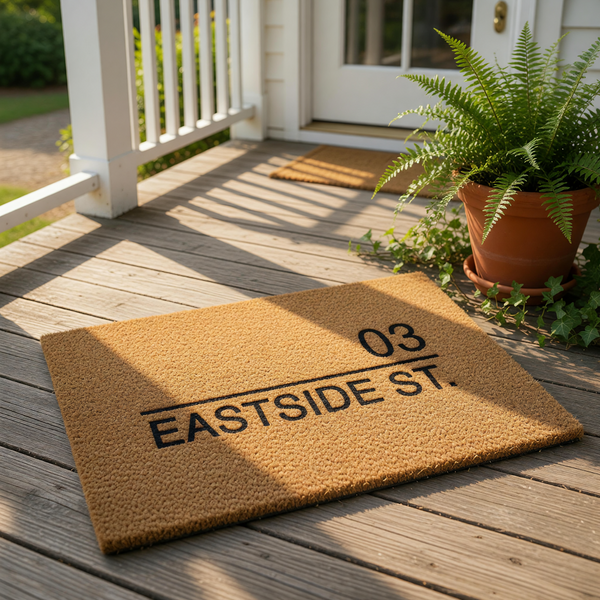 Personalized address doormat featuring a natural coir fiber texture with custom house number and street name text, this durable outdoor welcome mat is a stylish front porch decor piece for new homeowners and housewarming