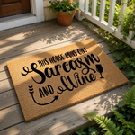 a textured area rug with a humorous and quirky message printed on it.