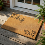 Sign language welcome doormat featuring black hand signs printed on a natural coir fiber mat, this durable outdoor floor rug serves as a unique entryway decor piece for home or apartment doorsteps with a clear, modern graphic