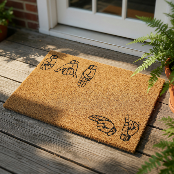 Sign language welcome doormat featuring black hand signs printed on a natural coir fiber mat, this durable outdoor floor rug serves as a unique entryway decor piece for home or apartment doorsteps with a clear, modern graphic