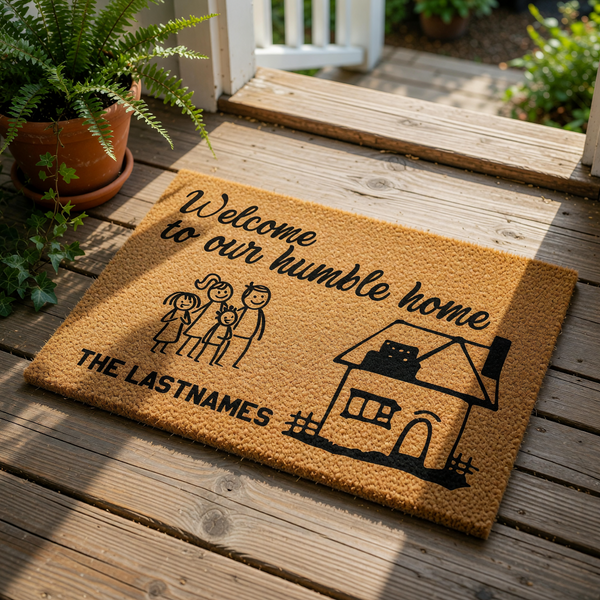 Personalized family welcome doormat featuring a stick figure illustration and house design on natural coir fiber, this custom outdoor floor mat makes a charming housewarming entry rug for any home entrance or front porch decor.