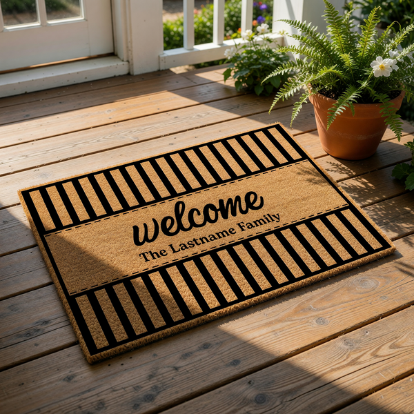 Personalized family name welcome doormat featuring a modern black and natural coir striped design, this custom outdoor floor mat is a durable entrance rug that adds a stylish touch to any front porch or home entryway decor.