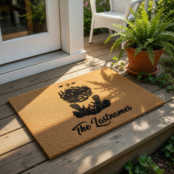 Personalized family name doormat featuring a mountain lake scene with Adirondack chairs and a campfire, this custom coir welcome mat is a durable outdoor floor rug for your front porch entry, home decor, or housewarming entrance.