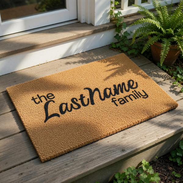 Personalized family name coir doormat featuring custom text in a stylish script font, this durable natural fiber welcome mat is a functional housewarming decor piece for your front porch entry or home entrance floor.