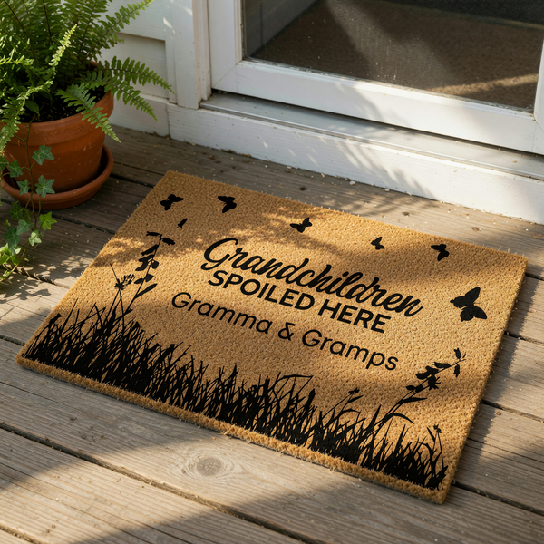 Personalized Gramma and Gramps doormat featuring a natural coir texture with black printed text that reads Grandchildren Spoiled Here, decorated with silhouettes of butterflies and tall grass for a charming front porch welcome