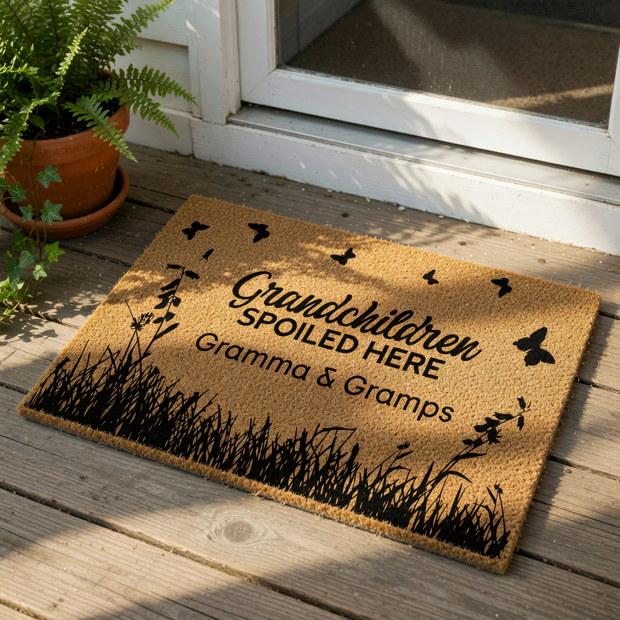 Personalized Gramma and Gramps doormat featuring a natural coir texture with black printed text that reads Grandchildren Spoiled Here, decorated with silhouettes of butterflies and tall grass for a charming front porch welcome