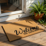 Personalized family name welcome doormat made of natural coir fiber, featuring a stylish script font for the word Welcome and block lettering for the custom last name, perfect for a front porch entryway or housewarming decor.